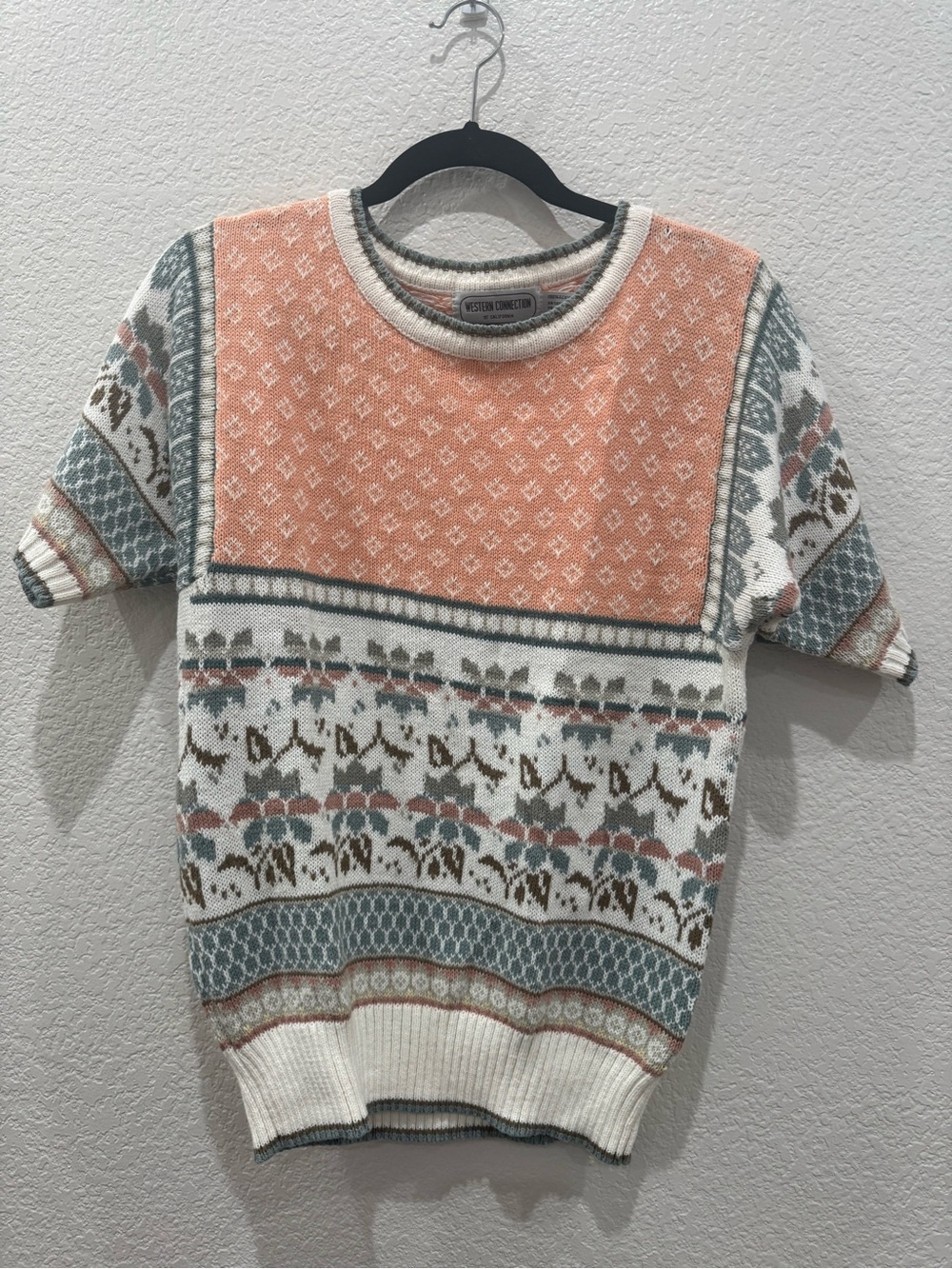 Vintage 80s Western Connection Sweater L Horse Fair Isle Grandmacore Knit Peach